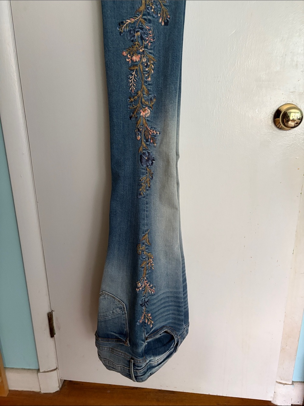 DRIFTWOOD Blue Denim Flare Jeans with Pink & Green Floral Embroidery - Picture 4 of 4